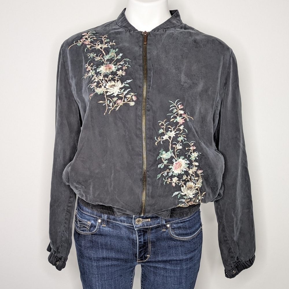 A Moss Grey White Floral Embroidered Satin Zip Up Jacket M